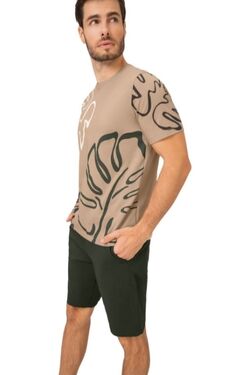 Camiseta Masculina de Algodão Estampa Folha Cor Sisal - 45394